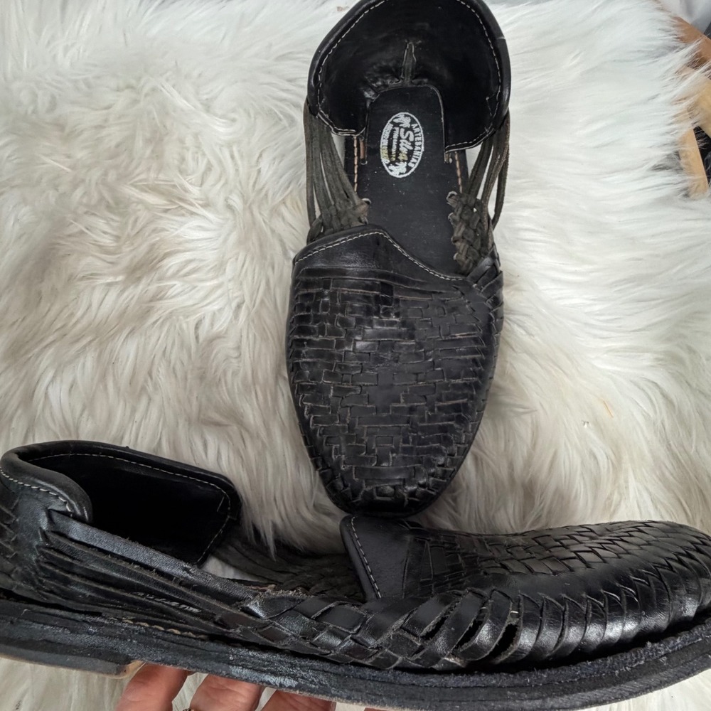 Artesanias Silva Mens Black Woven Leather Huarache Sandals Made in Mexico Size 9